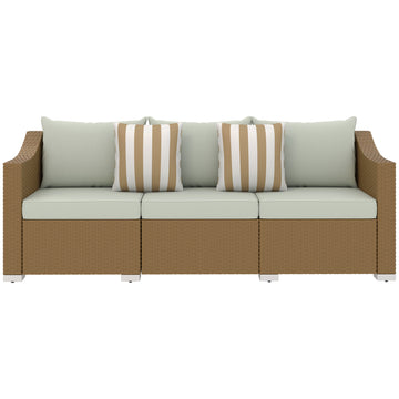Rattan Wicker 3 Seater Patio Couch With Cushions, 2 Throw Pillows, Outdoor Furniture Rattan Sofa, Light Gray