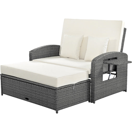 Wicker Double Chaise Lounge — two-person reclining wicker loungers with cushions and middle table