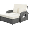 Wicker Double Chaise Lounge — two-person reclining wicker loungers with cushions and middle table