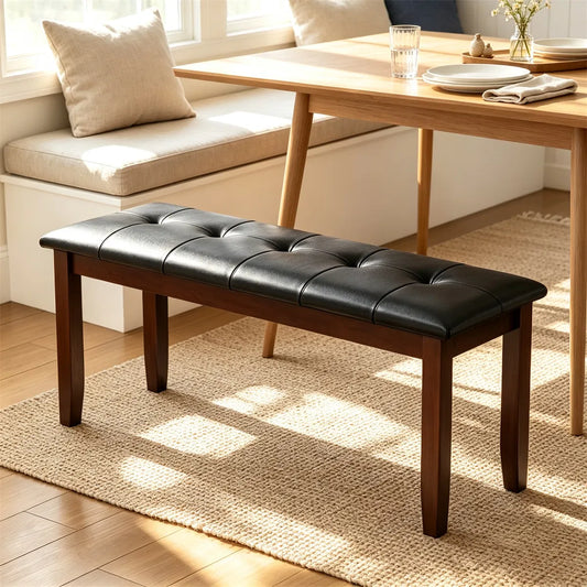 Solid Rubber Wood Dining Bench with PU Leather Padded Seat