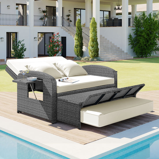 Wicker Double Chaise Lounge — two-person reclining wicker loungers with cushions and middle table