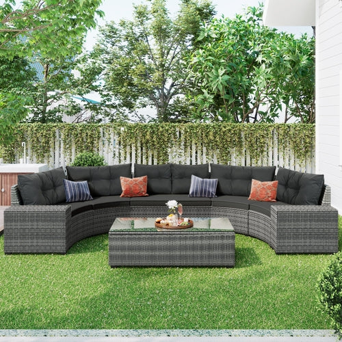 8-Piece Outdoor Wicker Sectional Sofa Set, Gray with Cushions