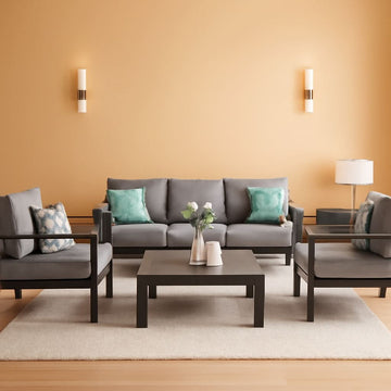Aluminum Patio Furniture Set Seven Seat Outdoor Conversation Grey Cushions
