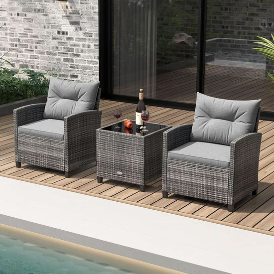 3 Piece Patio Furniture Set Outdoor PE Rattan Conversation Set With Washable Cushions And Tempered Glass Table Grey-1