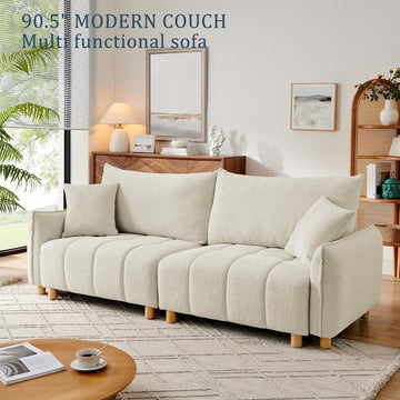 Cream Chenille Sleeper Sofa with Hidden Storage