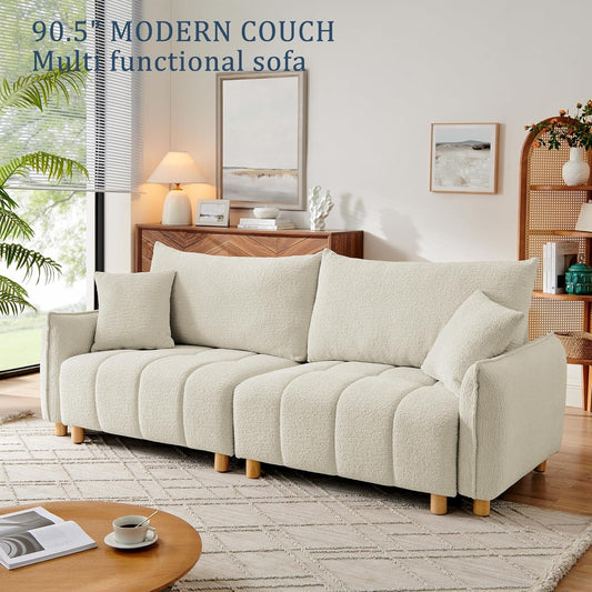 Cream Chenille Sleeper Sofa with Hidden Storage