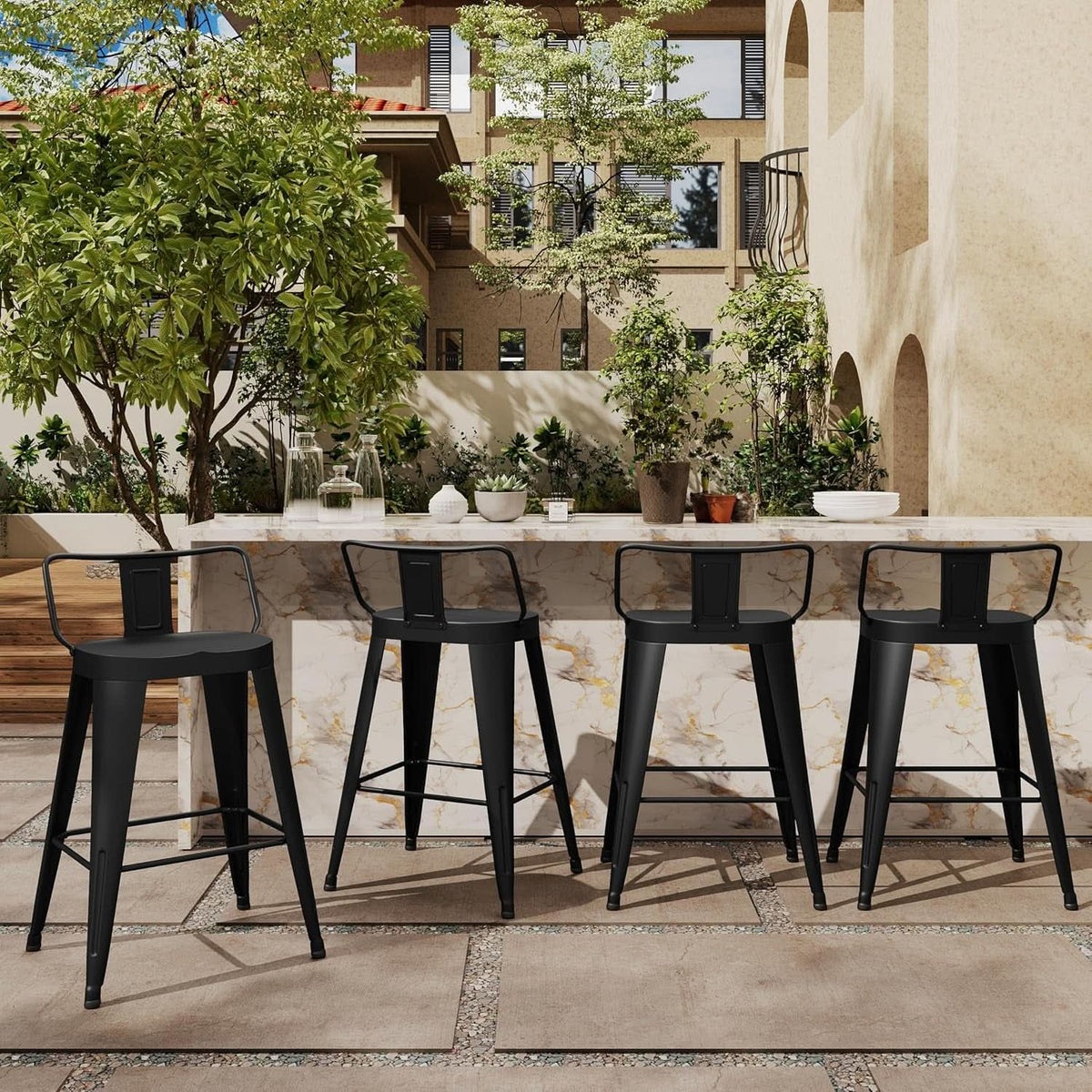 24 Inch Black Outdoor Metal Bar Stools Set of 4 Counter Height Large Ergonomic Seats-1