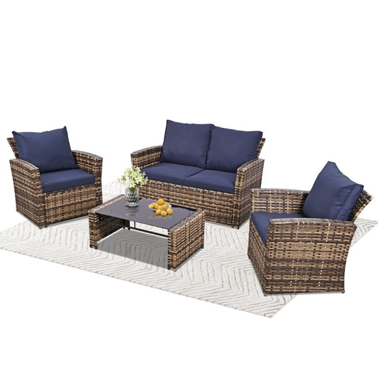 Wicker 4-Piece Outdoor Sectional Sofa Set with Glass Table