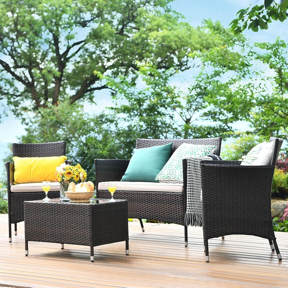4-Piece Outdoor Rattan Conversation Set with Cushions-3