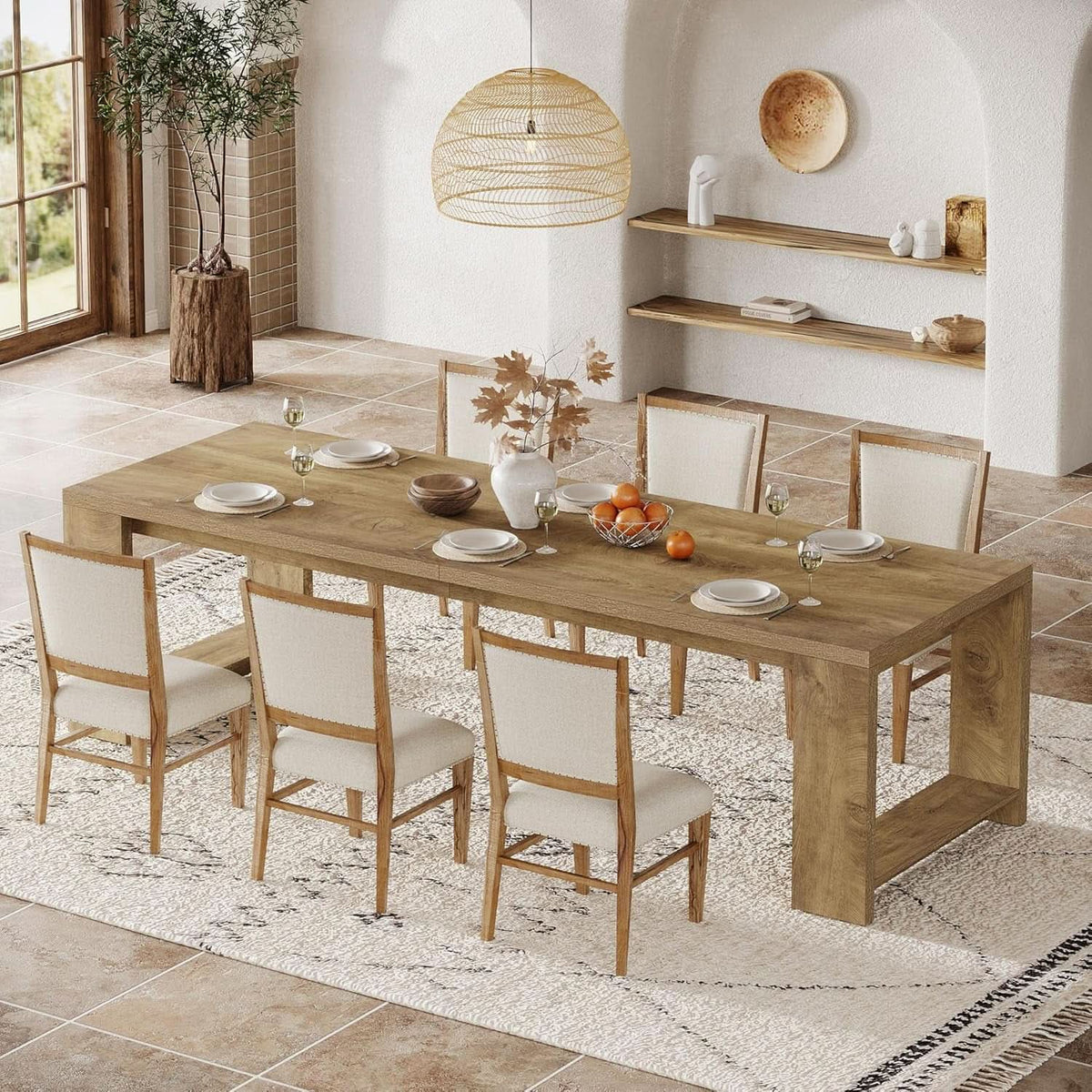 Oak 86 Inch Long Narrow Dining Table With Pedestal Base-2