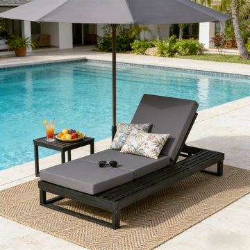 Black Acacia Wood Chaise Lounge with Dark Grey Cushion
