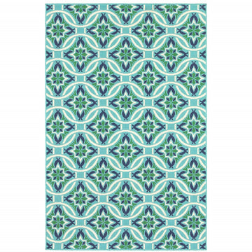 9' X 13' Blue and Green Geometric Stain Resistant Indoor Outdoor Area Rug