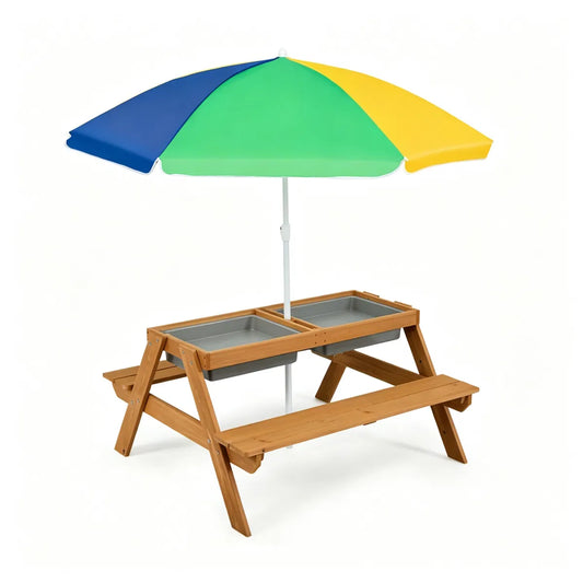3-in-1 Kids Picnic Table with Adjustable Umbrella & Sand-Water Play