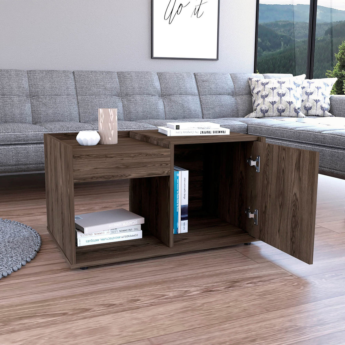 32" Brown Wood Coffee Table With Shelf-1