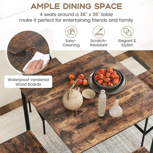 Counter Height Industrial Dining Table Set, 36x36 with 4 Bar Stools