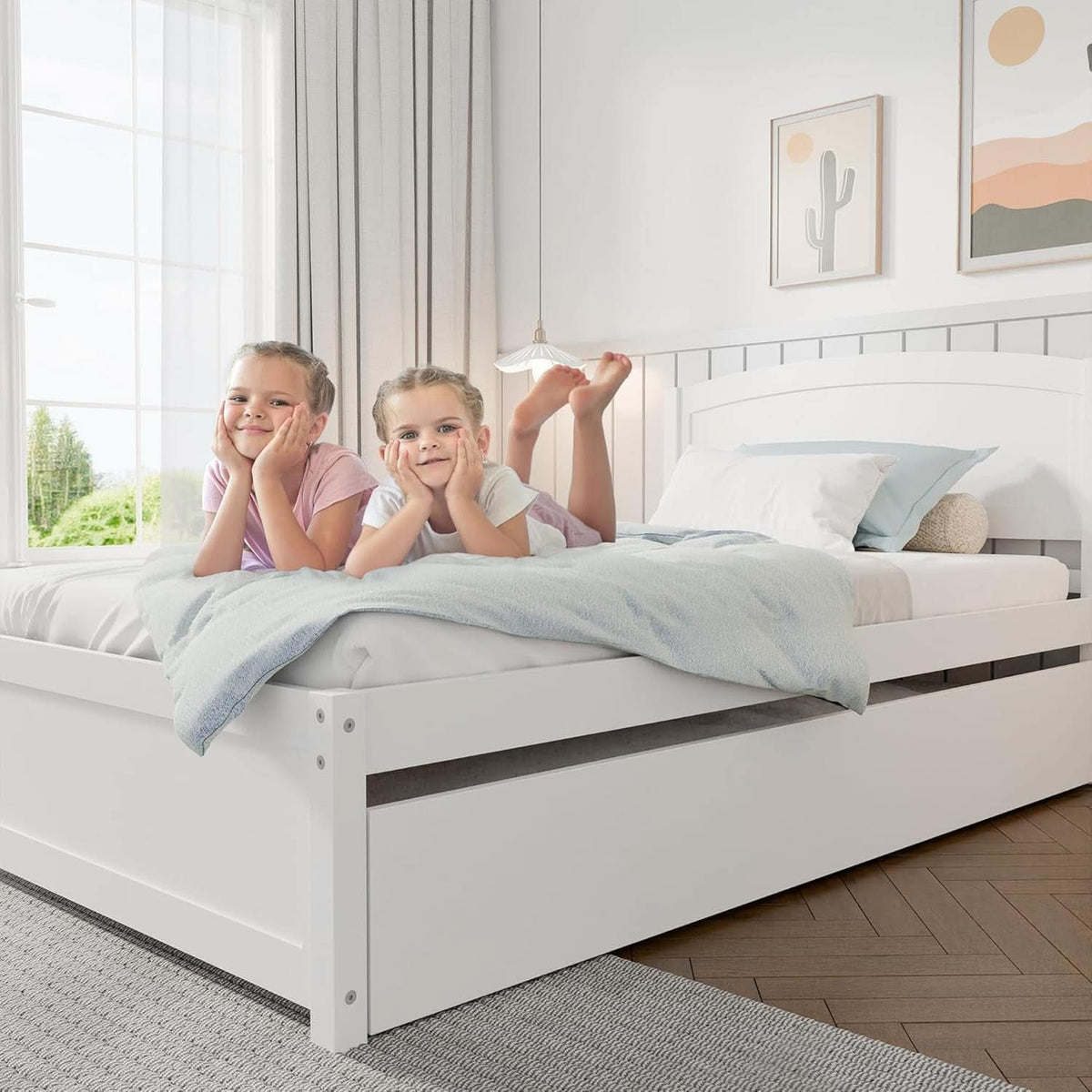 Twin Daybed With Trundle Winter white Natural Pinewood-4