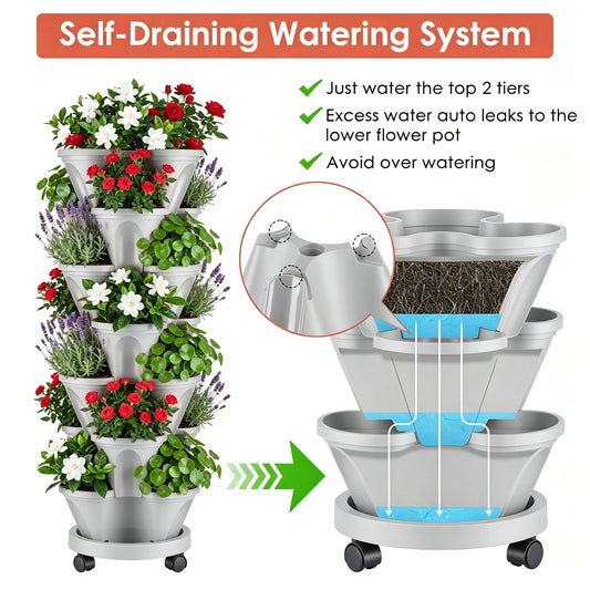 7-Tier Stackable Vertical Planter Tower with Casters