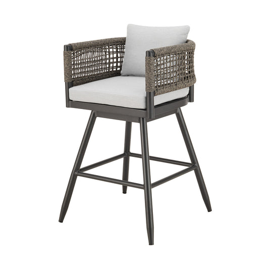 Light Gray Metal Swivel Outdoor Counter-Height Bar Chair with Footrest