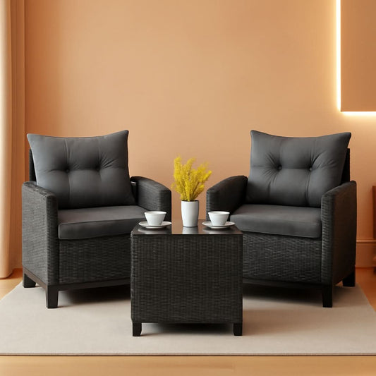 3-Piece PE Rattan Patio Conversation Set with Glass Table, Grey