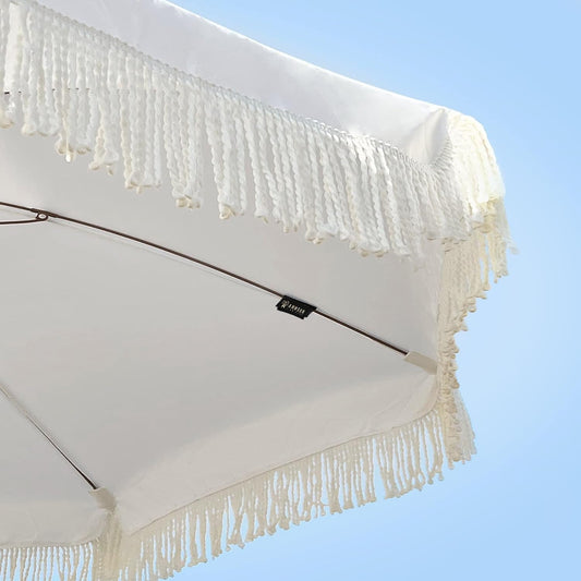 7Ft Fringe Tassel Patio Umbrella White Cream UPF50 Tilt Push Button