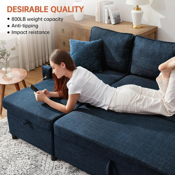 Cerulean Linen Convertible Sleeper Sofa with Pullout