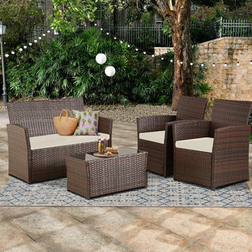 Rattan 4-Piece Conversation Set with Glass Coffee Table