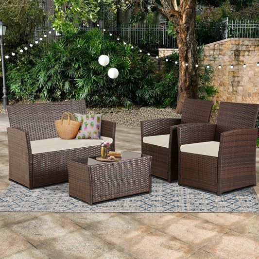 Rattan 4-Piece Conversation Set with Glass Coffee Table