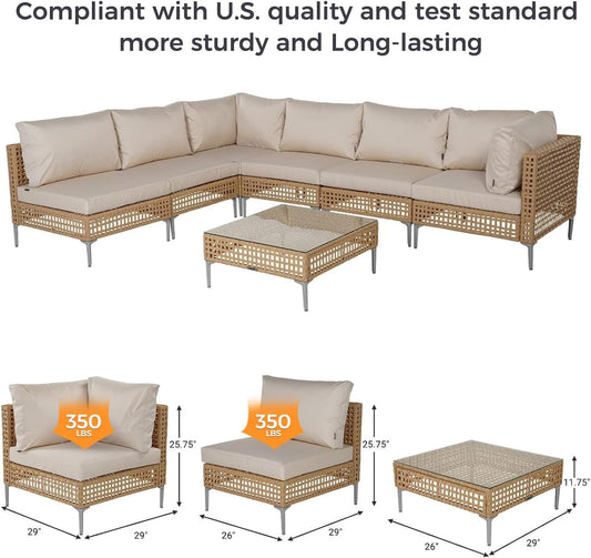 7-Piece Wicker Patio Set with Water-Resistant Beige Cushions