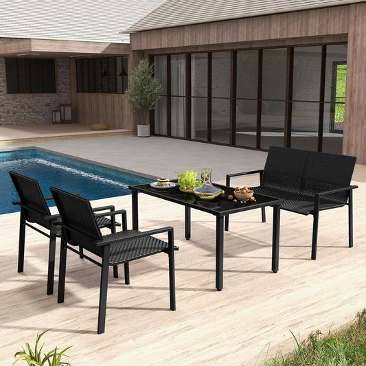 4-Piece Wicker Patio Conversation Set with Black Glass-Top Coffee Table