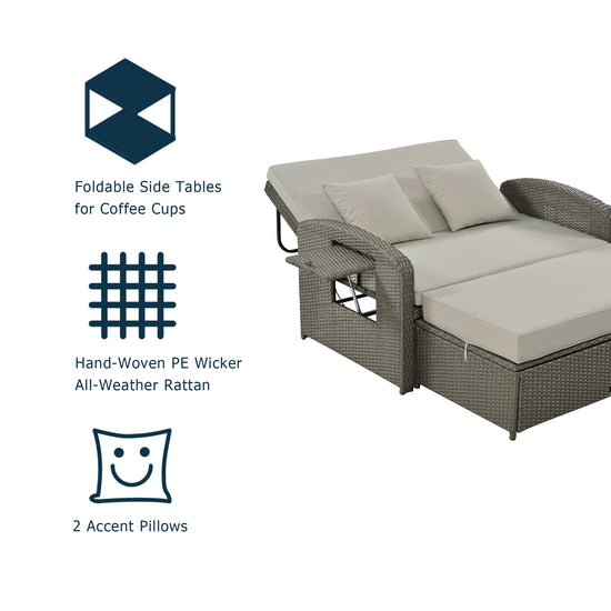 Wicker Double Chaise Lounge — two-person reclining wicker loungers with cushions and middle table
