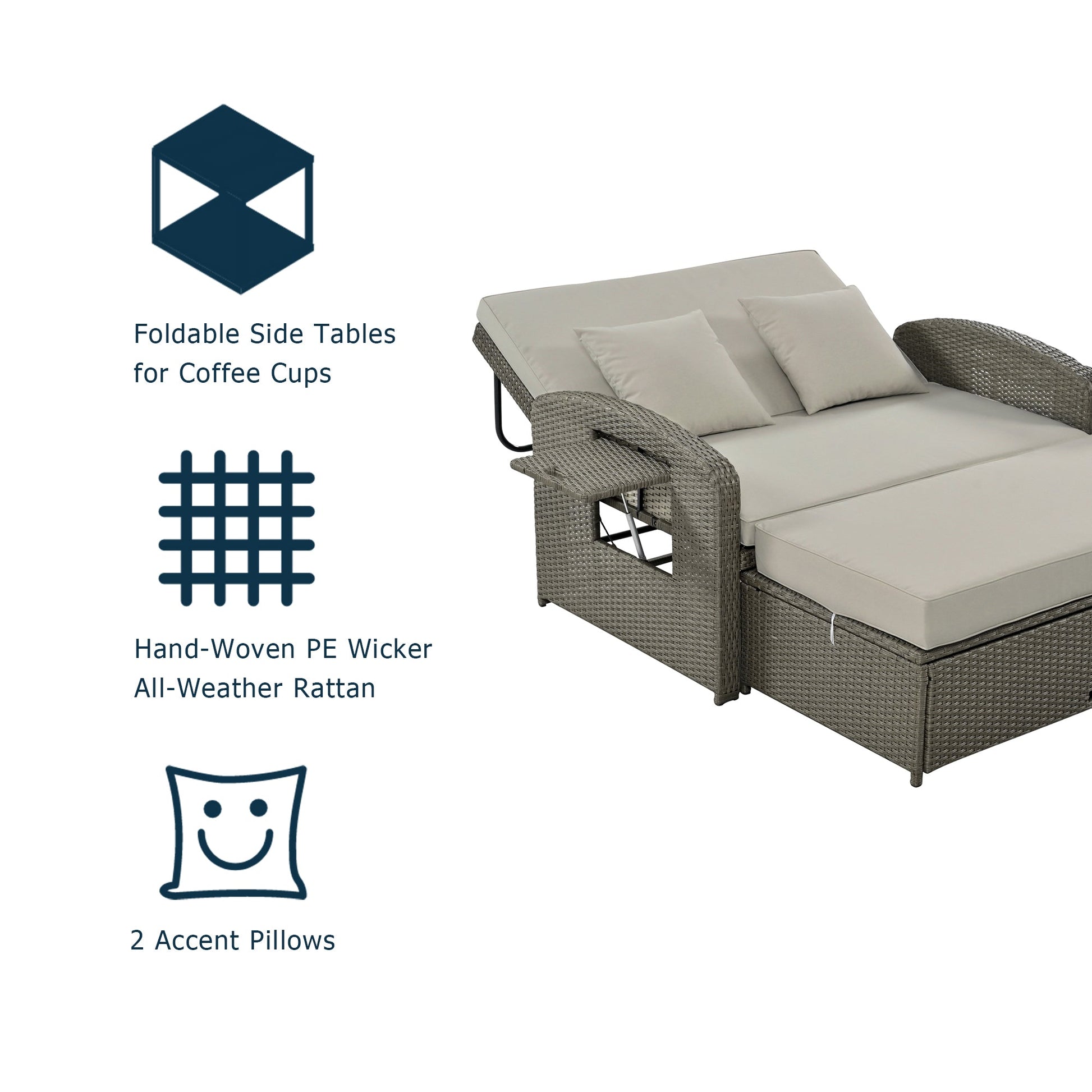 Wicker Double Chaise Lounge — two-person reclining wicker loungers with cushions and middle table