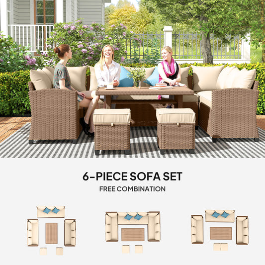 PE Wicker Outdoor Sectional Set — 6 Piece, Seats 9, Khaki