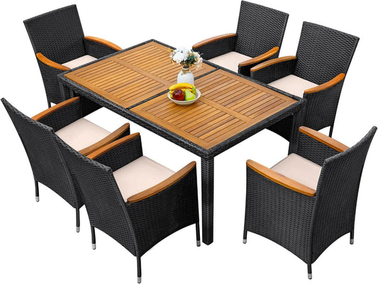 7-Piece Outdoor Patio Dining Set with Black Rattan Chairs