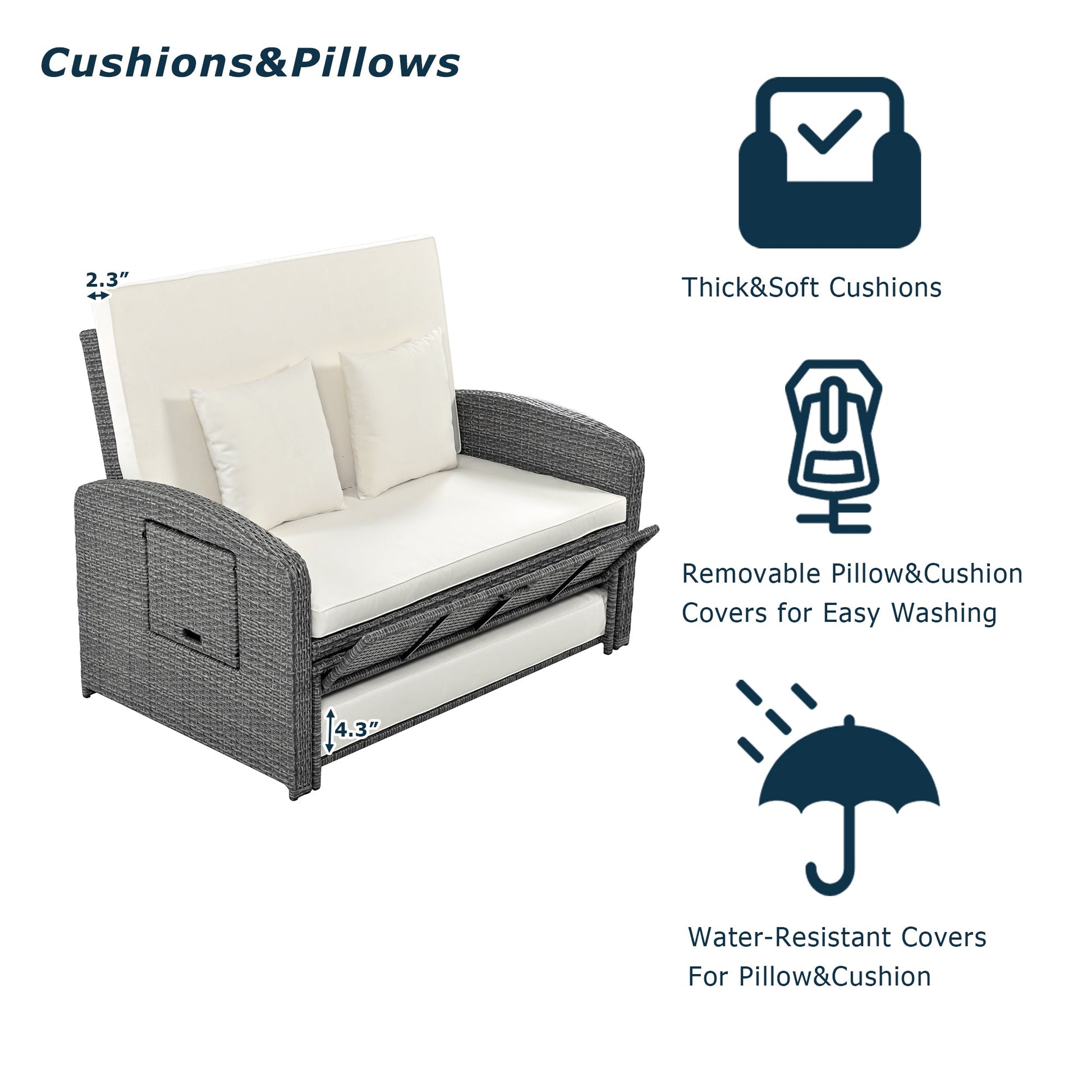 Wicker Double Chaise Lounge — two-person reclining wicker loungers with cushions and middle table