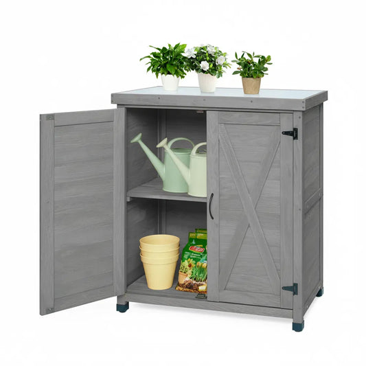 Hemlock Potting Bench with Storage Cabinet & Metal Top