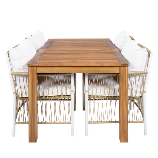 Acacia Outdoor Dining Set — 5-piece with 67-inch acacia wood table and four cushioned rattan chairs