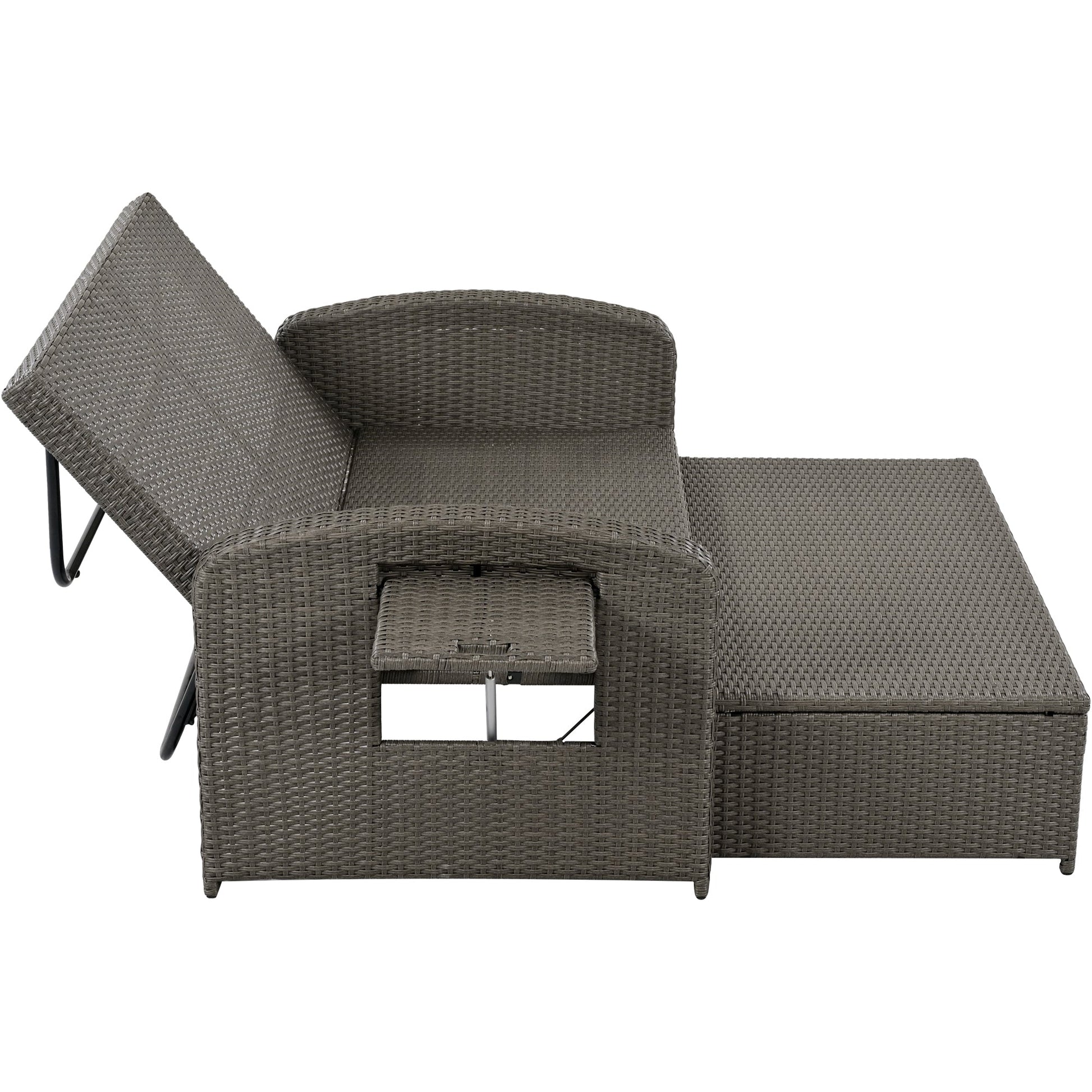 Wicker Double Chaise Lounge — two-person reclining wicker loungers with cushions and middle table