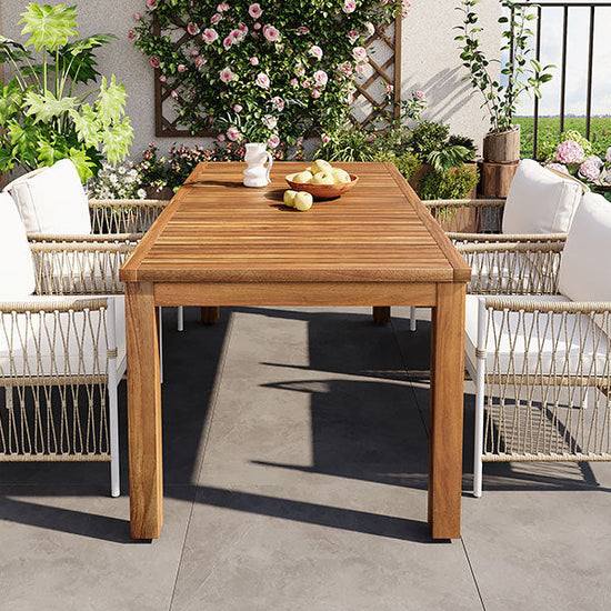 Acacia Outdoor Dining Set — 5-piece with 67-inch acacia wood table and four cushioned rattan chairs
