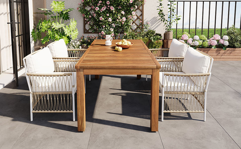 Acacia Outdoor Dining Set — 5-piece with 67-inch acacia wood table and four cushioned rattan chairs