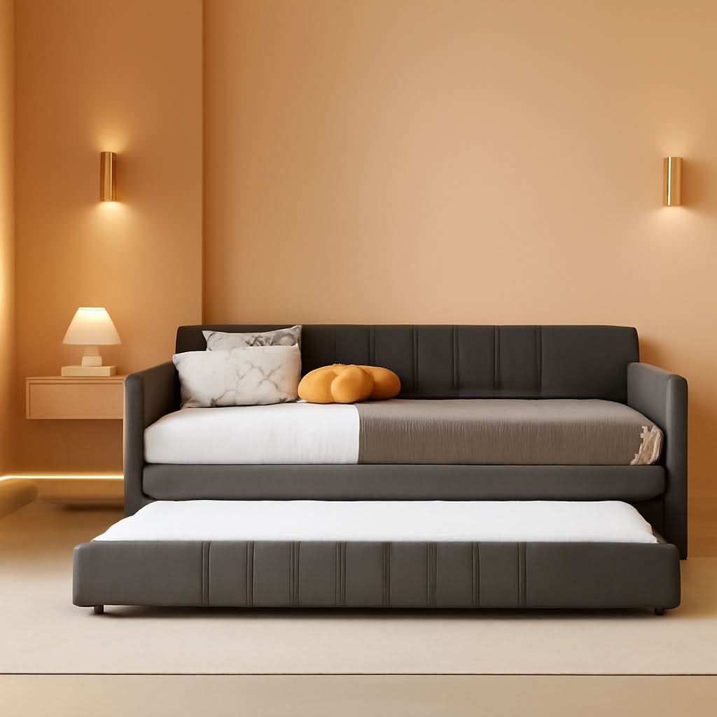 Twin Daybed With Trundle CharcoalGray Uphol stered Finish-0