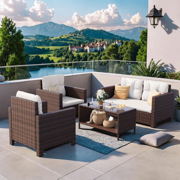 4-Piece Rattan Patio Conversation Set with Beige Cushions