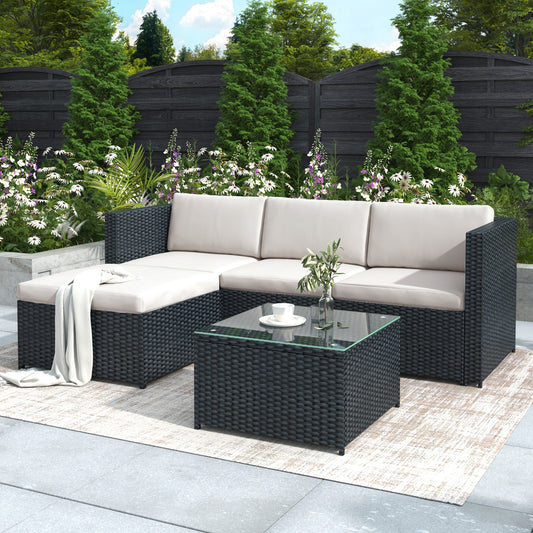 Rattan Corner Sofa Set — 3 Piece, Black