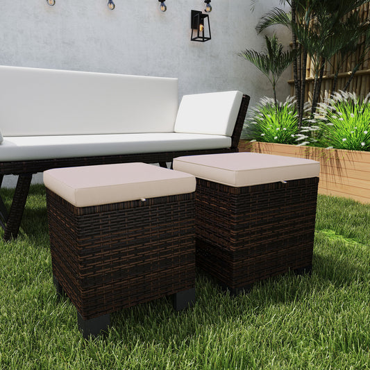 2 Piece Wicker Outdoor Ottomans With Cushions