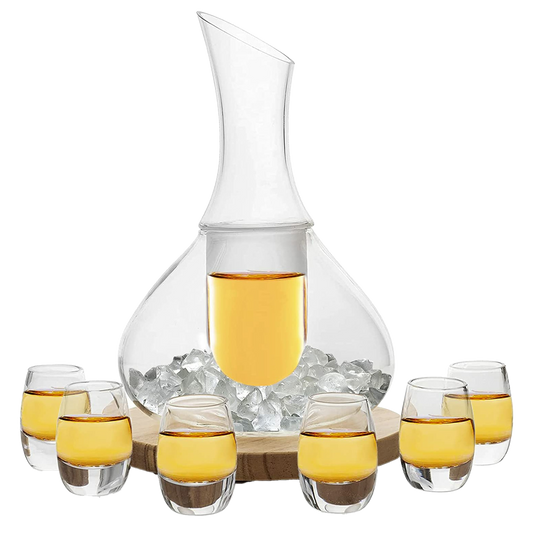 Sake Carafe Set with 6 Glasses and Wooden Coaster