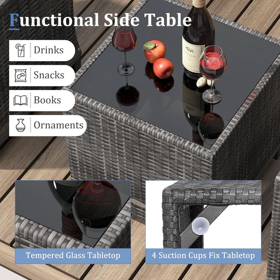3 Piece Patio Furniture Set Outdoor PE Rattan Conversation Set With Washable Cushions And Tempered Glass Table Grey-4