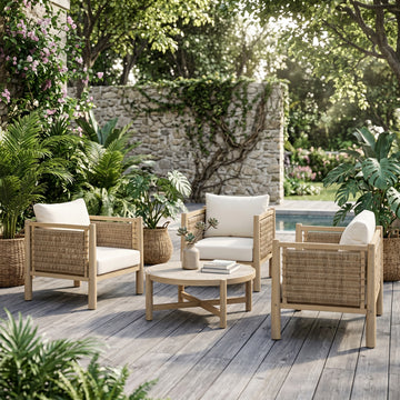 Set of 3 Acacia & PE Wicker Outdoor Armchairs