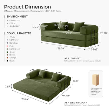 Green Corduroy Convertible Sofa Bed with Removable Armrests
