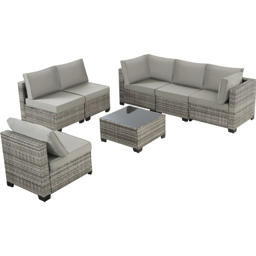 7-Piece Outdoor Wicker Sectional Sofa Set with Glass Table