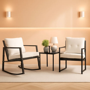 Beige 3-Piece Rocking Wicker Bistro Set with Glass Table