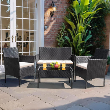 Four-Piece Wicker Patio Conversation Set, Black & Beige